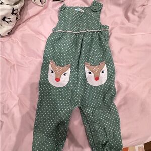 BODEN Green Polka Dot Baby Romper with Reindeer Design 18-24m